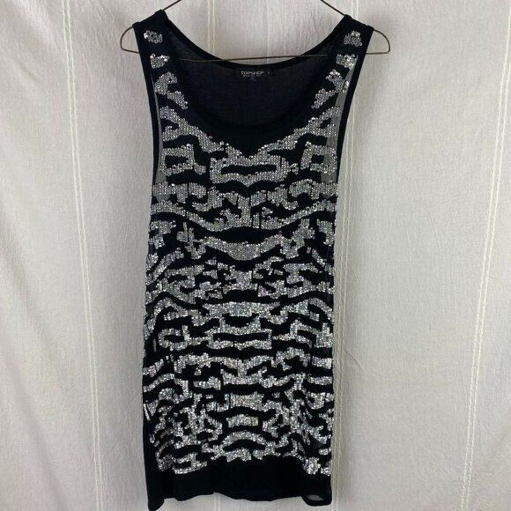 Topshop Tank Top Dress Black Stretch & Silver Sequin Party Size‎ 2